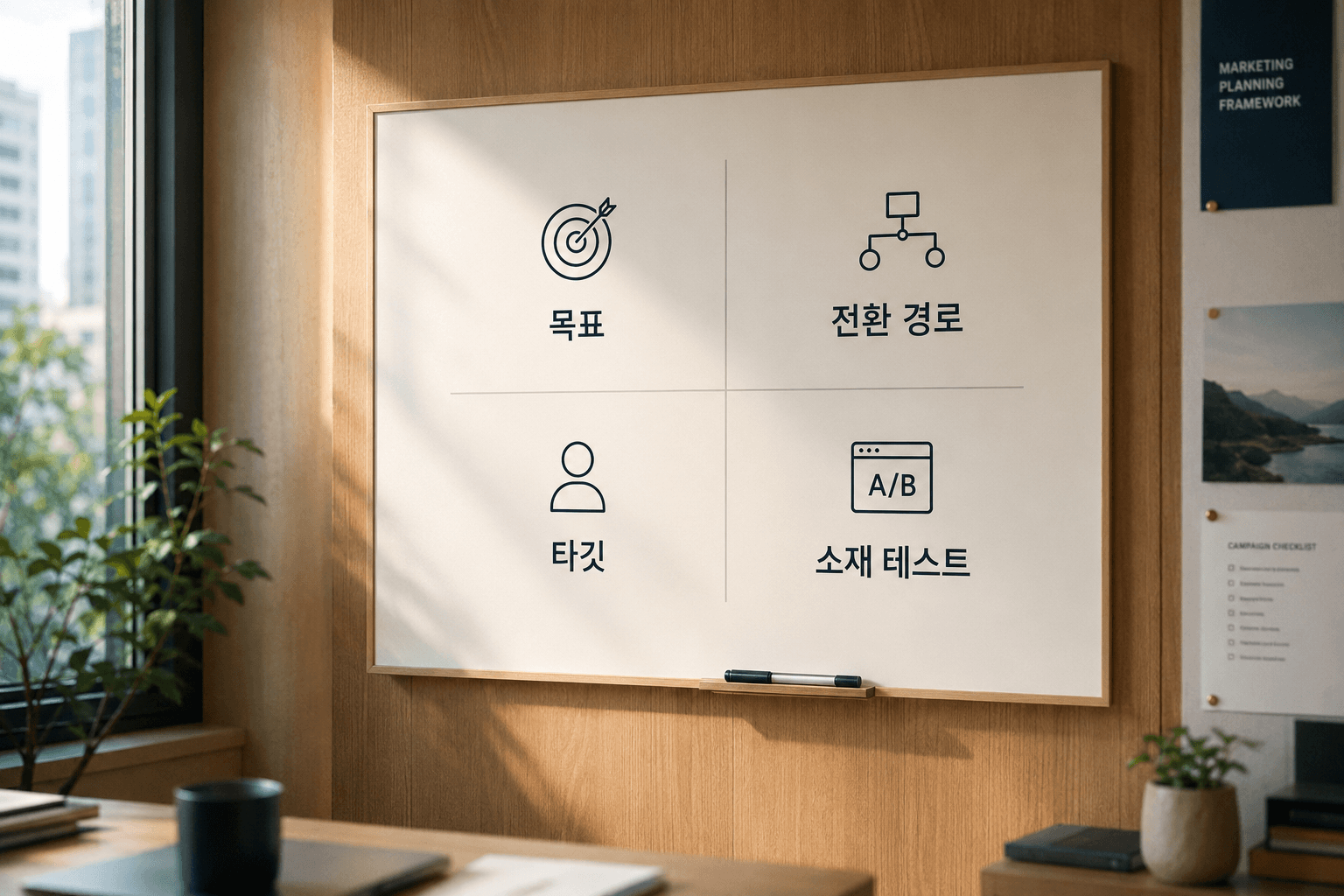 광고 운영 4대 기준 — 목표, 전환 경로, 타깃, 소재 테스트 기준이 정리된 보드