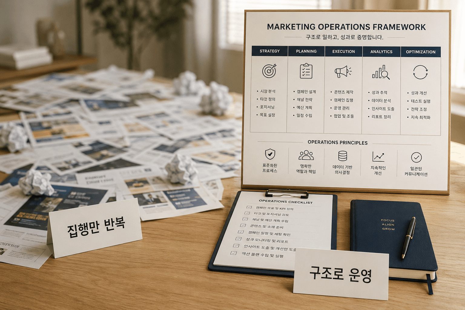 구조 없이 흩어진 광고 소재와 구조 있게 정리된 운영 보드의 비교